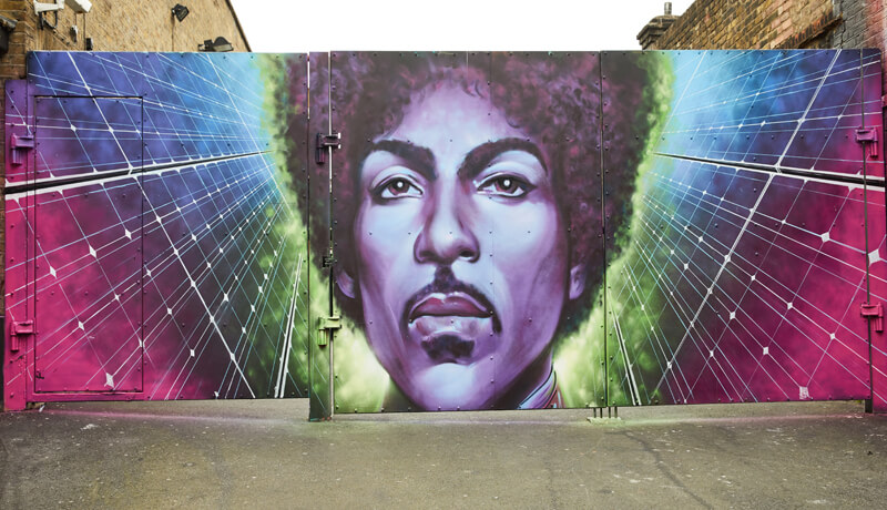 Prince, mural, solar, purple, new power generation, Camden, social housing