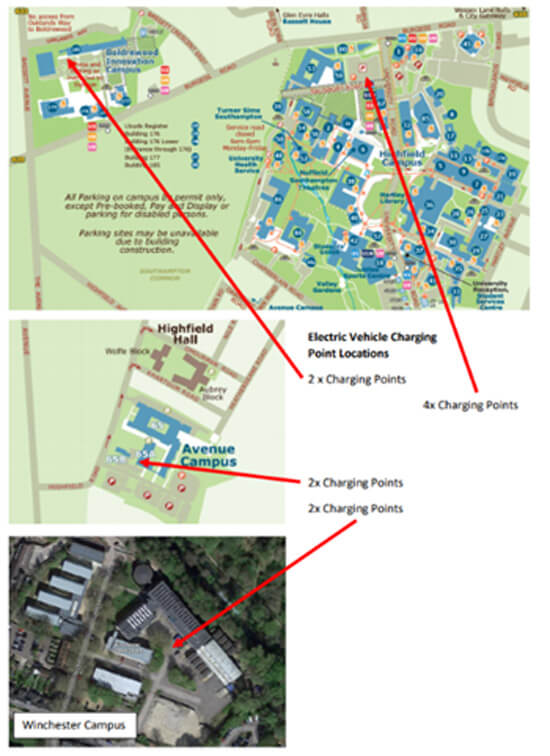 University of Southampton, EV charge point, locations, map