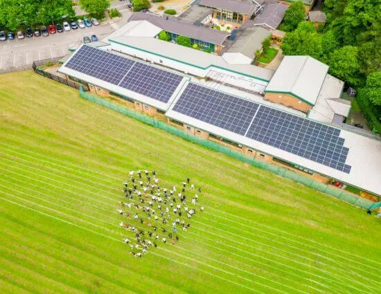 Aerial view of a school with solar on the roof in North Lincolnshire