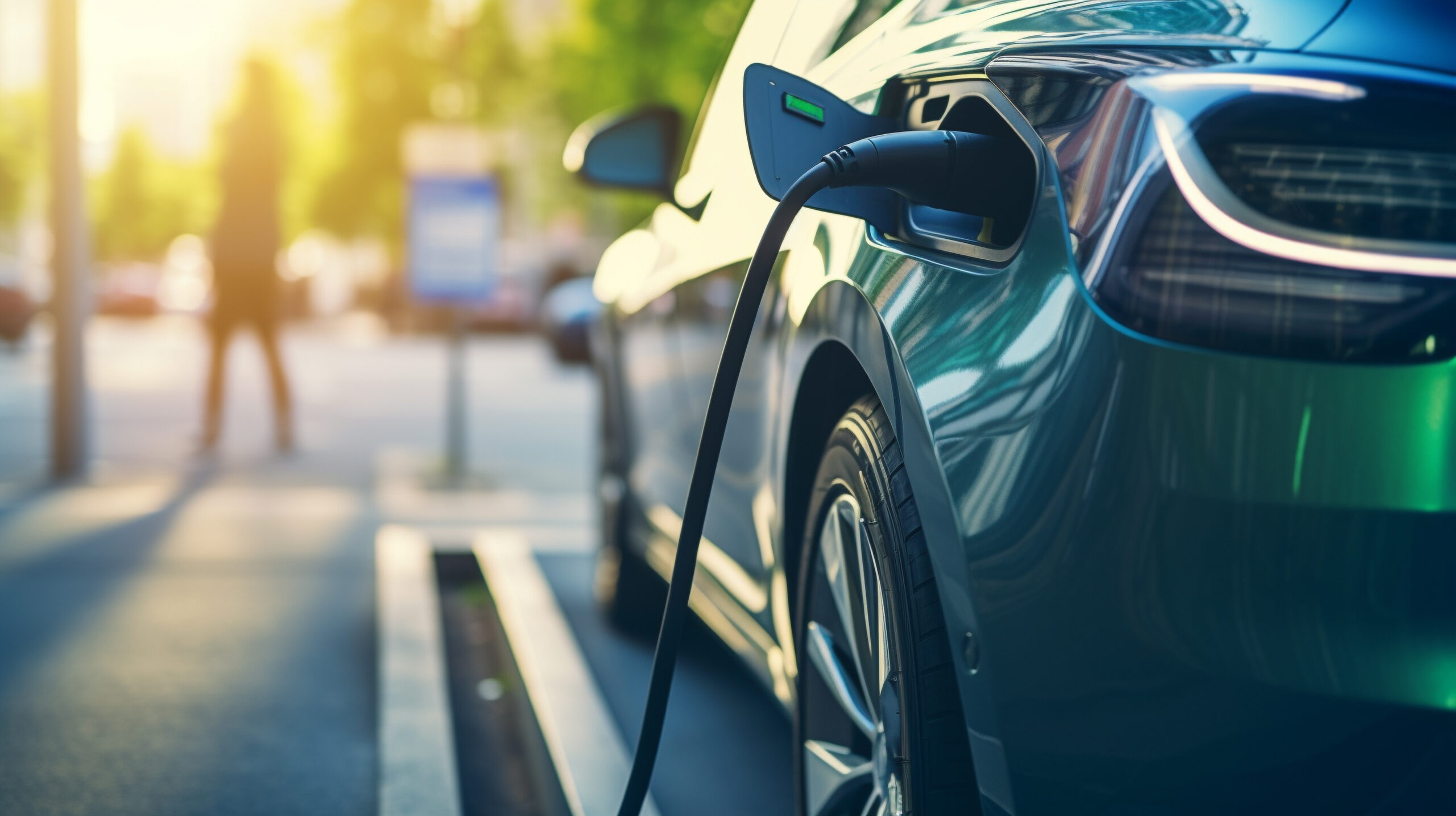 Close up of Modern electric vehicle plugged into a charging station
