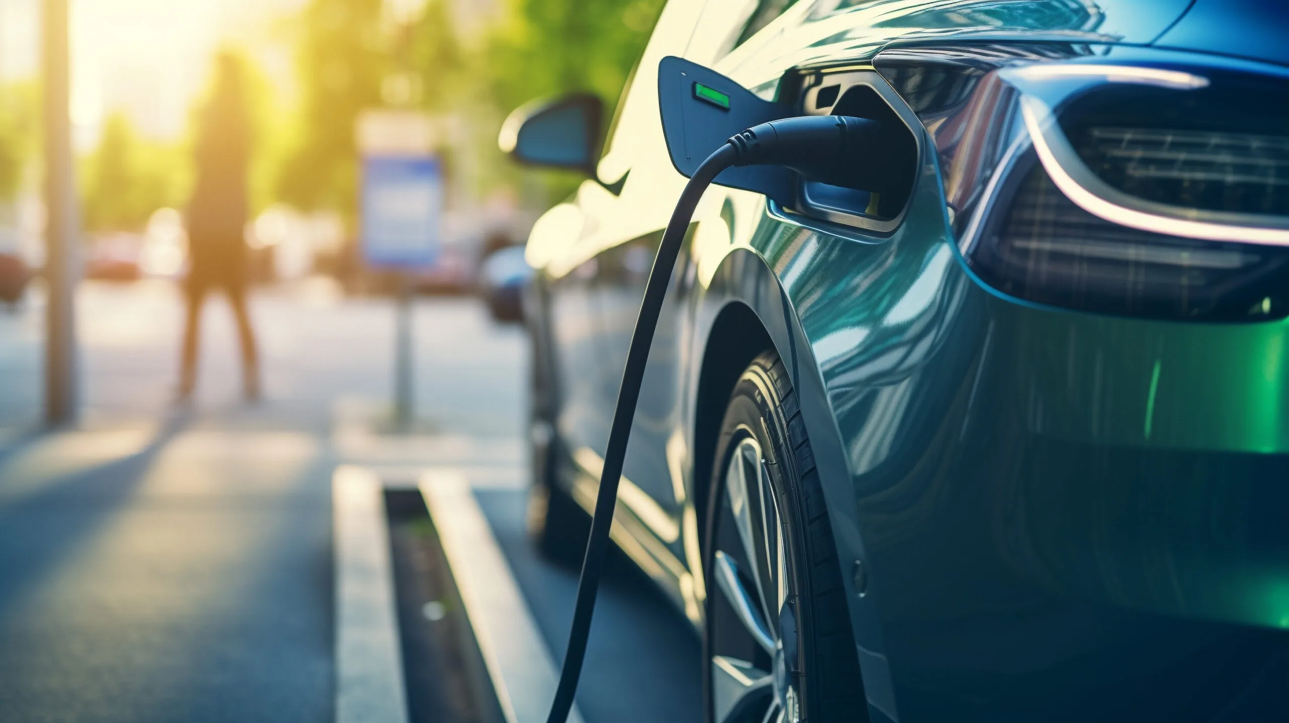 Close up of Modern electric vehicle plugged into a charging station